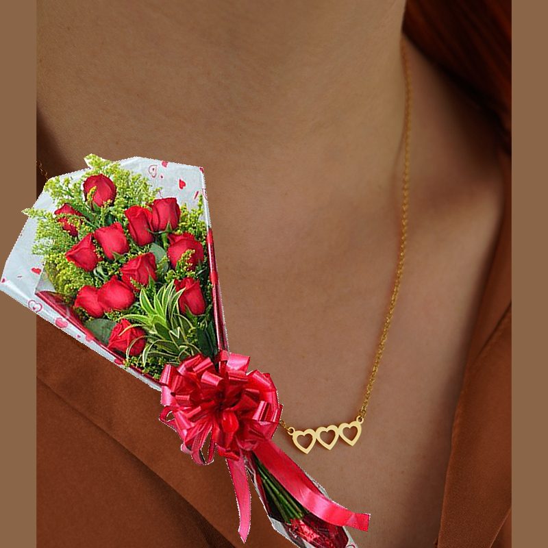 Cadena Tres Corazones Dorada + Ramillete